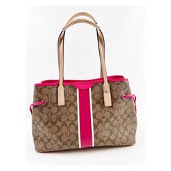 COACH SIGNATURE SHOULDER Striped SATCHEL TOTE Bag F29064 Khaki Pink Pomegranate