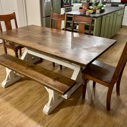 Gorgeous Hardwood Dining Room Set With 4 World Market Chairs And Bench