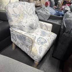 Simore Floral Accent Chair, High Back Living Room Chairs, Upholstered Wingback Modern Button Printed Fabric Armchair for Reading Bedroom with Wood Leg