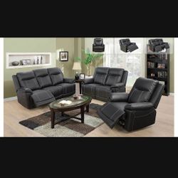 Black Leather Three Piece Reclining Couch Set 