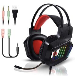 NEW! Stereo Gaming Headset for PC PS4 Xbox One Controller Over Ear Headphones with Noise Cancelling Mic RGB LED Light Bass Surround Soft Memory Earmuf