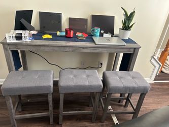 Gray Wood Bar Table with 3 Upholstered Stools