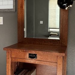 Solid wood entryway hall tree / console table with mirror