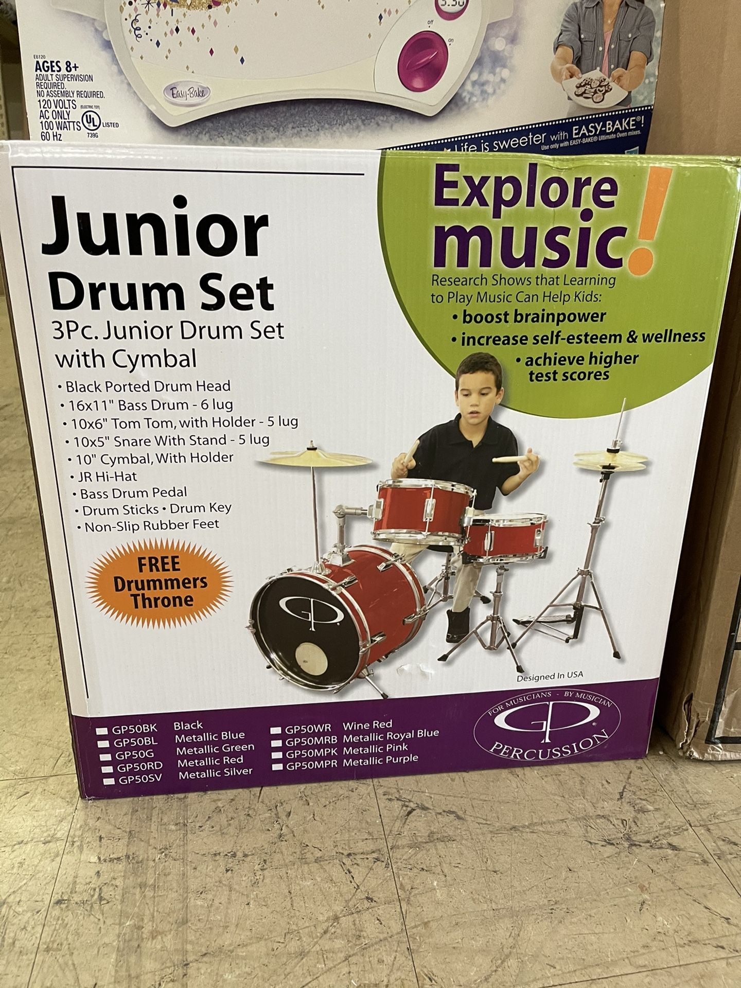 GP Percussion 3-Piece Complete Junior Drum Set, Wine Red