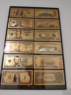 6 Different U.S . Currency Bills w/Gold Leaf Coating 