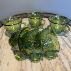 Vintage green iridescent carnival glass punch -the Harvest Grape pattern