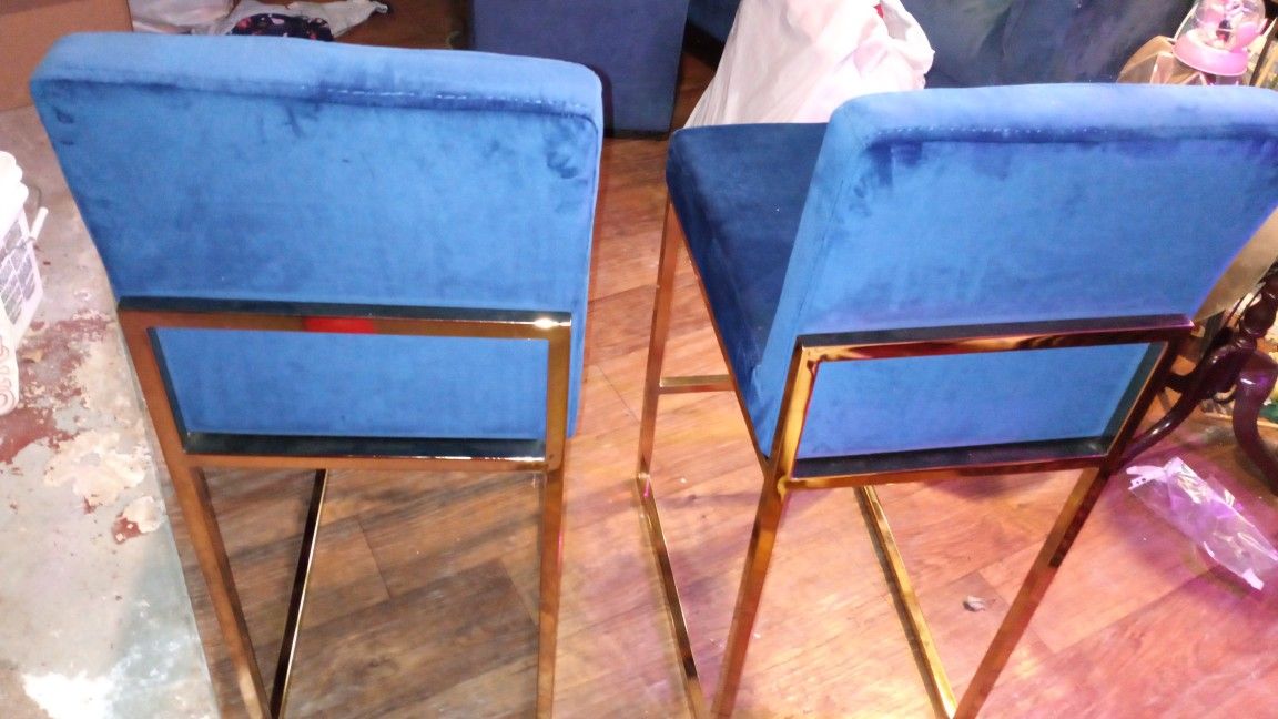 2 Bar Stools, Velvet Blue With Gold Legs