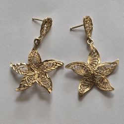 Vintage 14K Gold Starfish Filigree Earrings 