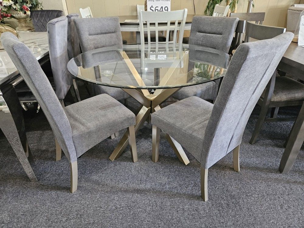 Brand New 48" Glass Dining Table With Cross Gold Base + 4 Linen Chairs