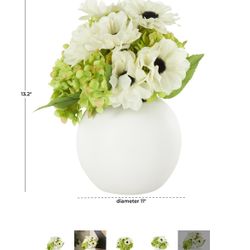 WHITE FABRIC INDOOR OUTDOOR ARTIFICIAL FLOWER WITH GREEN LEAVES AND ROUND CERAMIC VASE, 11"X 11" X 13"