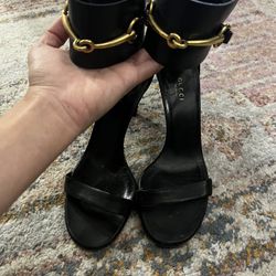 Gucci Black Ankle Wrap Leather Heels 