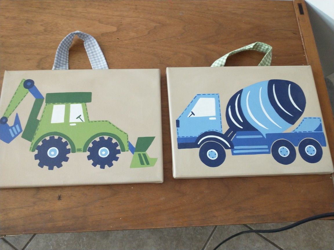 2 hanging decor pictures back how & concrete mixer (12"x9") boys room decor