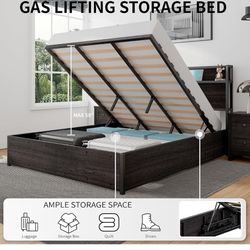 Full Size Lift Up Storage Bed, Wood Platform Bed Frame with Storage Headboard & Charging Station, No Box Spring Needed, Easy Assembly, Black