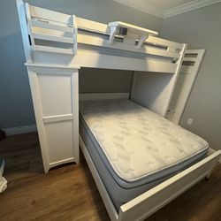 White Twin over Full Wood Bunkbed with Storage and Staircase and White Wooden Dresser