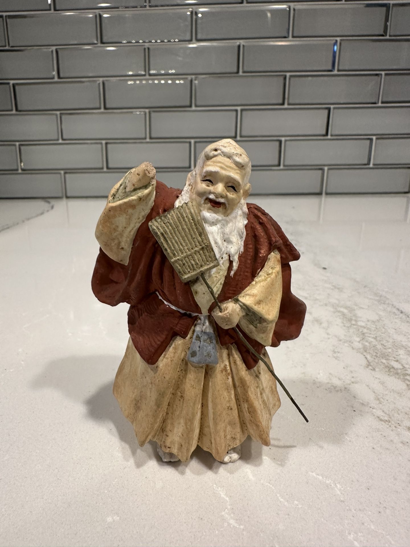 Antique Japanese Clay Doll Of Old Man Holding A Broom 4”
