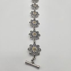 Lucky Brand Gold & Silver Two Tone Linked Flower Pave Stone Toggle Bracelet