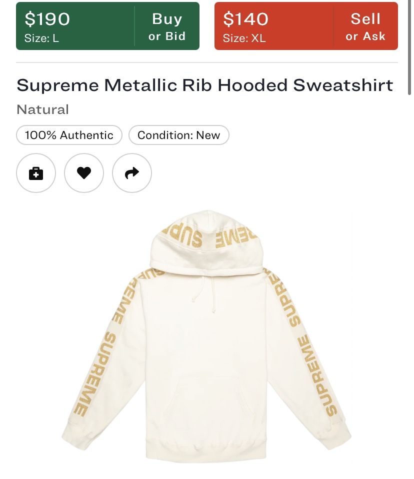 supreme metallic rib hooded sweatshirt natural size Large for Sale