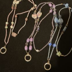 3 24”Crystal,beaded,glass,and Porcelain Badge Necklaces ( Pink,purple,and Blue)