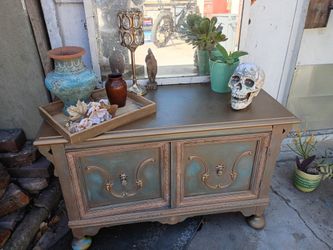 Vintage Painted Teal Blue ORNATE Gold Wash Carved Cabinet