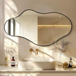 Hochwertiges 24 in. W x 43 in. H Irregular Black Aluminum Alloy Framed Asymmetrical Wall Mirror