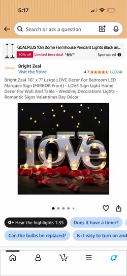 Bright Zeal 16" x 7" Large LOVE Decor For Bedroom LED Marquee Sign (MIRROR Front)