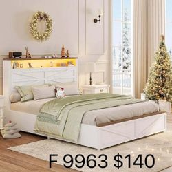 Farmhouse Full Size Bed Frame with LED Light and Charging Station, Wood Bed Frame with Storage Headboard (9963)