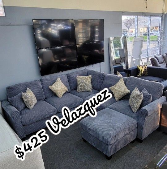 ✅️✅️ 4pc dark Grey corduroy fabric sectional sofa with rounded arms and ottoman ✅️✅️