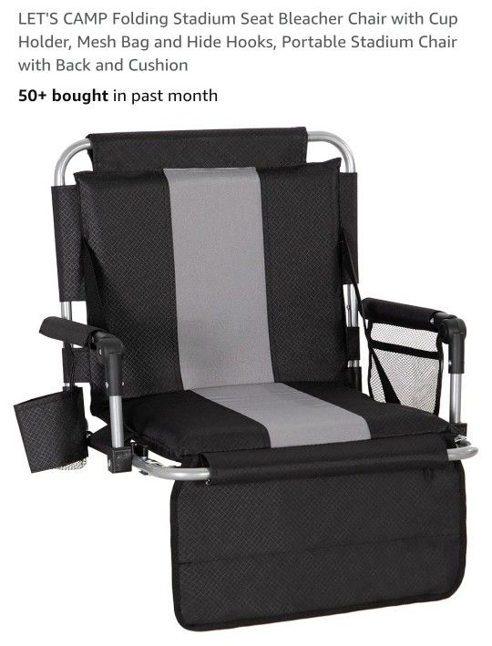 LET'S CAMP Folding Stadium Seat Bleacher Chair with Cup Holder, Mesh Bag and Hide Hooks, Portable Stadium Chair with Back and Cushion
