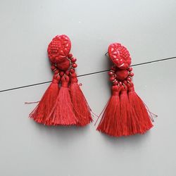 Bright Red Tassel and Bead Earrings