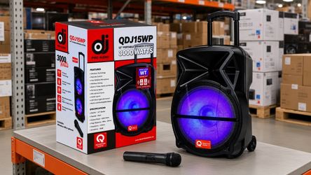 Quantum 15" Rechargeable Battery Powered Speaker 3000 Watts Bluetooth USB  Micro SD Auxiliary FM Radio LED Lights Wireless Microphone QDJ15WP Karaoke