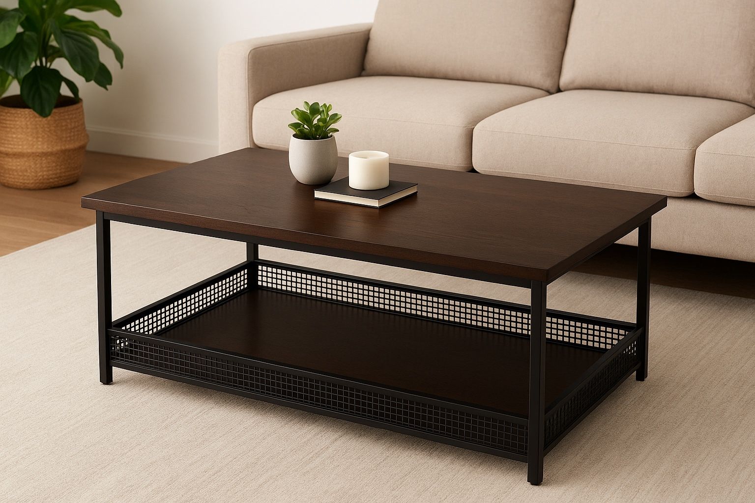 Modern Industrial Coffee Table – Dark Wood & Metal – Excellent Con