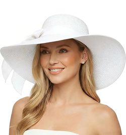 White Women Big Straw Wide Brim Summer Hat Floppy Foldable Roll up