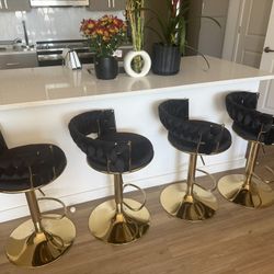 Set of 4 Luxury Velvet Gold Bar Stools – Swivel Adjustable Counter Chairs – Excellent Condition