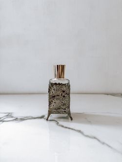 Vintage Glass Perfume Bottle with Ornate Metal Holder
