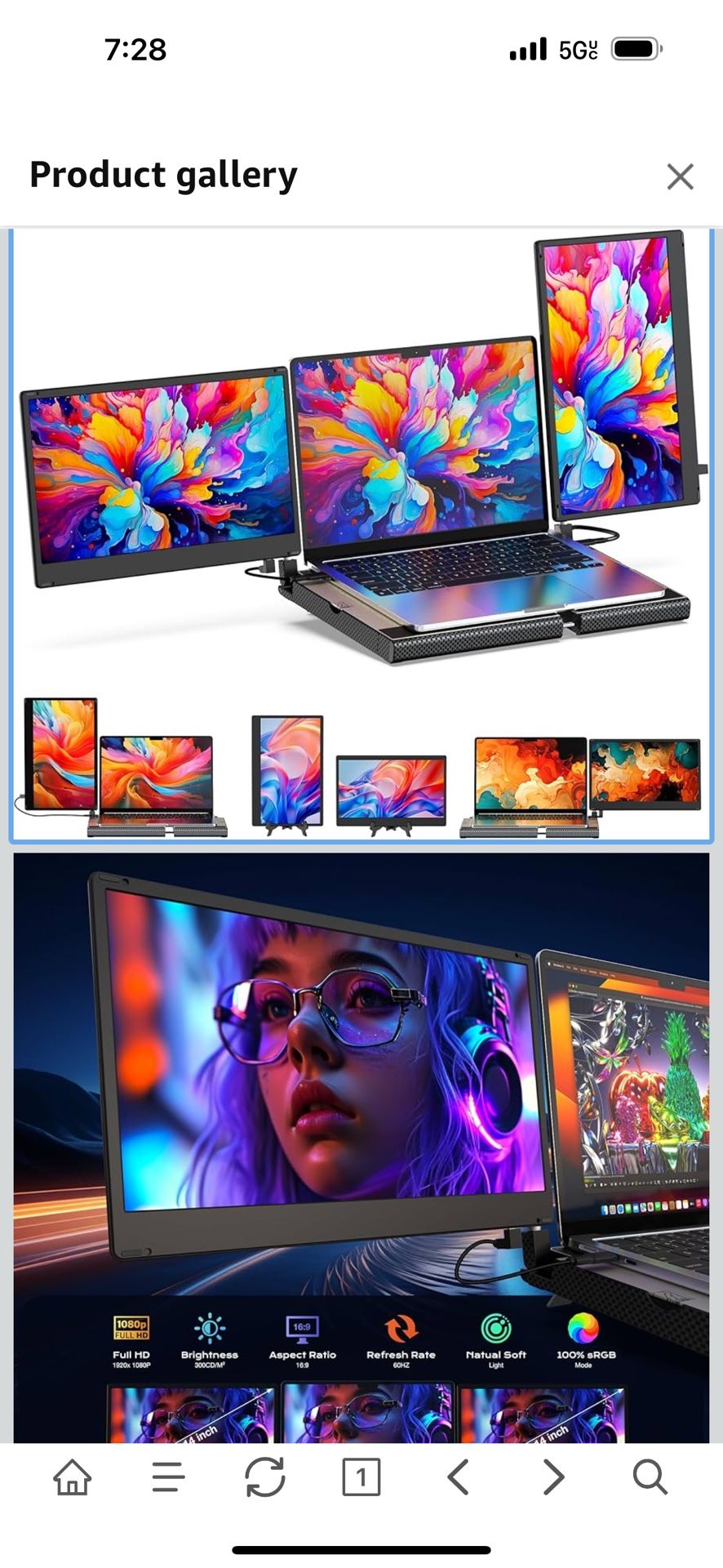 Laptop Screen Extender 14'' Triple Portable Monitor-360° Rotation F3 Laptop Monitor Extender Vertical with Stand,IPS FHD 1080P Workstation for Windows