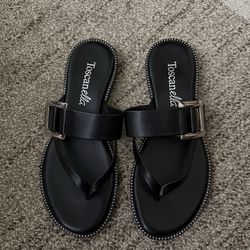 NEW Italian Leather Sandals - Black Thong Slides - Size 7.5