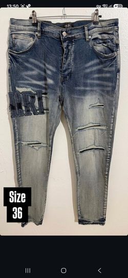 AMIRI BLUE DISTRESSED PATCH LOGO DENIM JEANS NEW COLLECTION