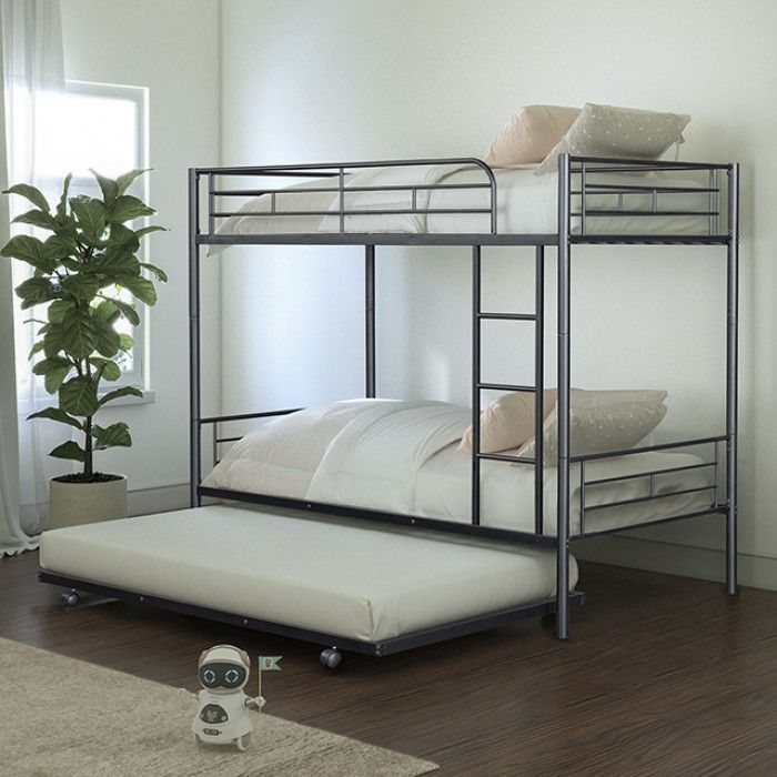 Twin Over Twin Bunk Bed Frame With Twin Trundle in Black Metal