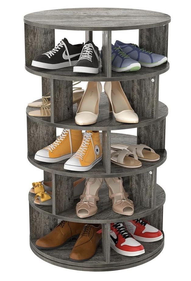 Aheaplus Rotating Shoe Rack, 5-Tier Wood Shoe Organizer for Closet, 360° Spinning Shoe Rack Tower Space-Saving Shoe Storage Shelf for Entryway, Garage