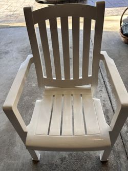 5x Adams Manufacturing Brentwood high-back stackable resin all weather dining chairs in white.