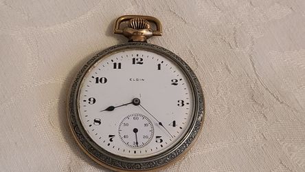Antique Ornate Elgin Pocket Watch Silver Case 8K Gold Bezel/Crown/Bow Heavy 86g