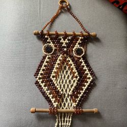 vintage 1970s beaded owl wall hanging