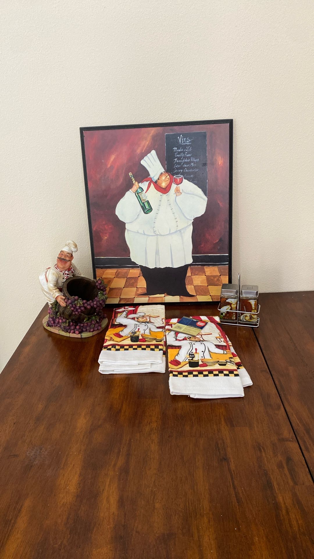 Italian Theme Wall Picture, Salt And Pepper Shakers, Wine Holder And New Kitchen Towels