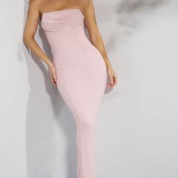 Oh Polly Embellished Bandeau Cowl Neck Maxi Dress in Blush