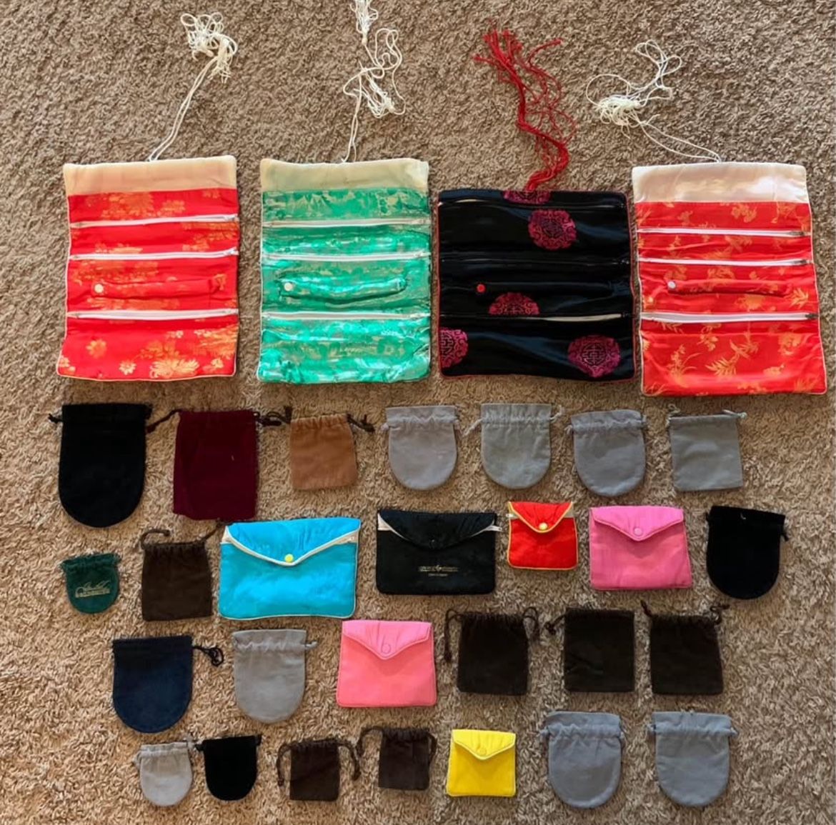 HUGE LOT 31 Piece satin Asian jewelry roll storage bag pouch