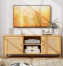 Assembled New Boho Natural TV Stand Fits TVs up to 55 in. with Faux Rattan Door