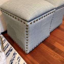 2 Single Ottomans - Gray/Blue with Oil-Rubbed Bronze Nailheads