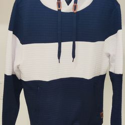 Mens Medium Blue and White Hoodie with Zipper Pockets and Drawstring New 