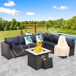NEW🔥Outdoor Patio Furniture 7 Pc Brown Wicker Navy 5” cushions 30" Firepit w/covers ASSEMBLED