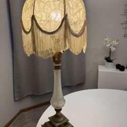Vintage Table Lamp with Glass Column & Fringe Shade – Working